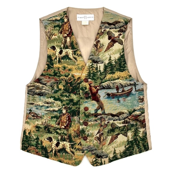 90s VTG-USA FI Fishing & Hunting Bird-Dog Tapestry Vest - Picture 7 of 16